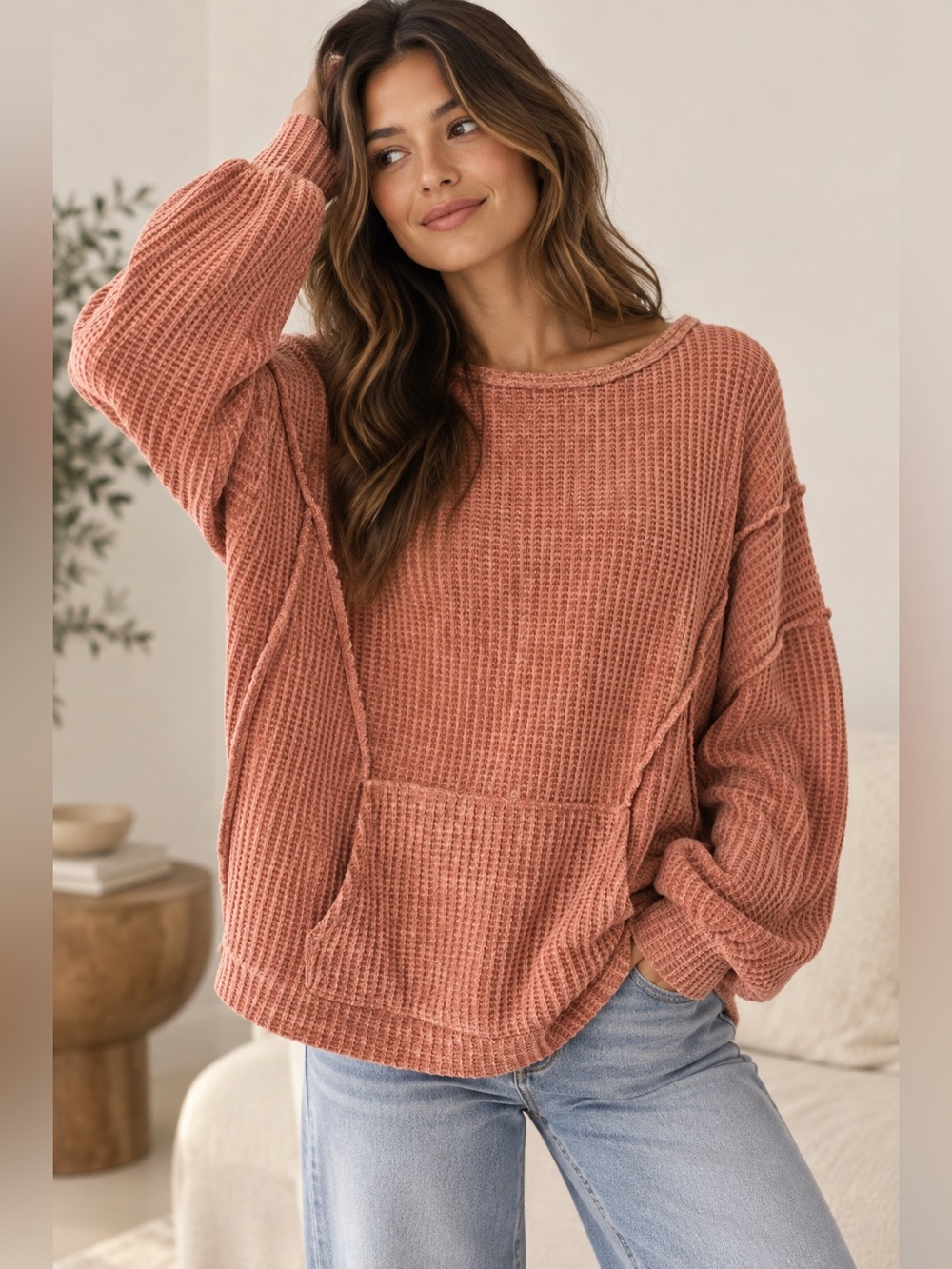 BiBi Waffle-Knit Crew Pullover in Dusty Rose with Kangaroo Pocket Size Medium